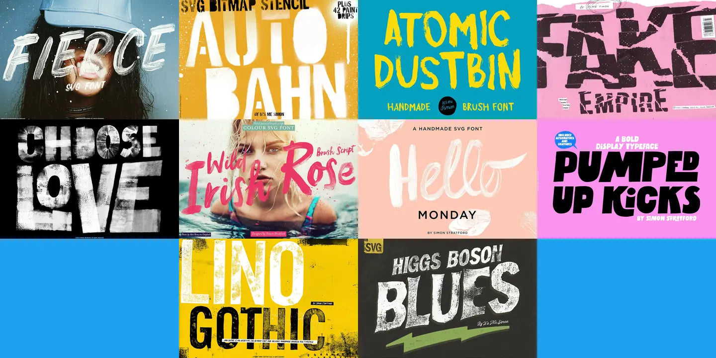 Ten messy display fonts for branding shown in a colourful grid