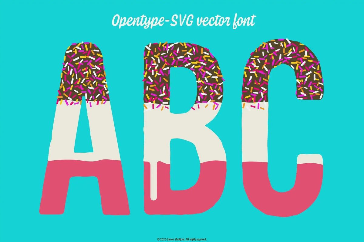 Fab Lolly OpenType SVG vector colour font showing ABC with chocolate, sprinkles and drips