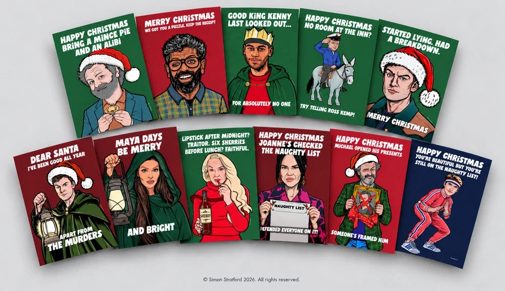 Celebrity Traitors Christmas cards in bold black lettering on a white panel, with a blue background and Simon Stratford logo.