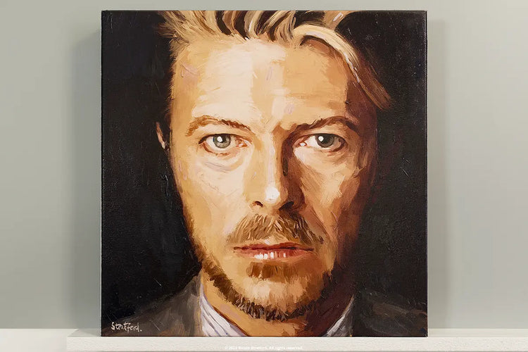Slightly abstract David Bowie painting in warm brown and black tones
