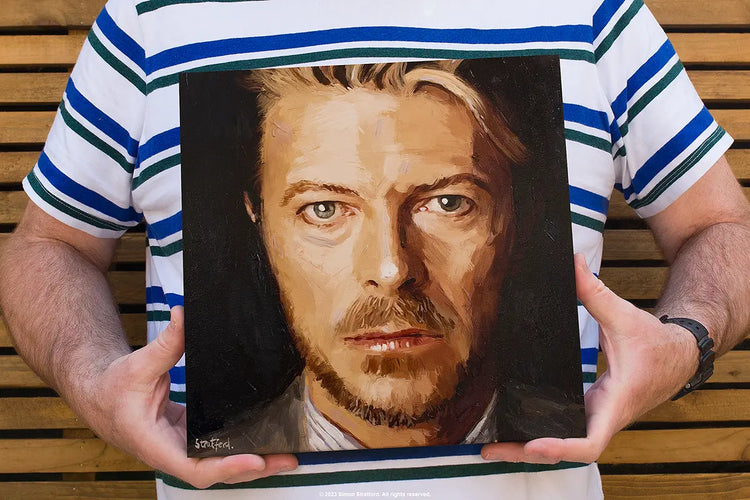 David Bowie painting mounted on a 30 × 30 cm wood panel