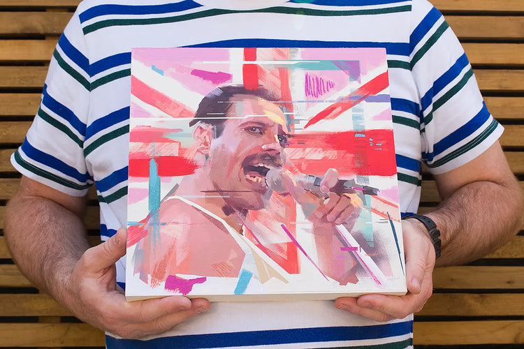 Freddie Mercury painting mounted on a 30 × 30 cm wood panel