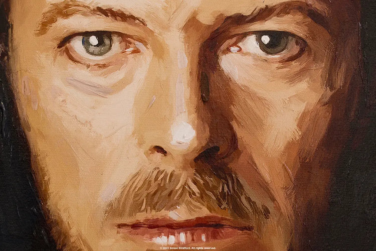 Hand-finished surface texture on the David Bowie mixed-media portrait
