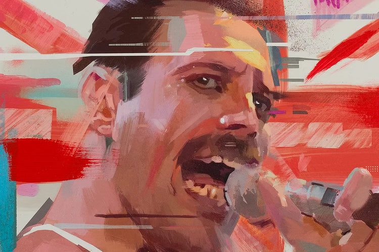 Hand-finished surface texture on the Freddie Mercury mixed-media portrait