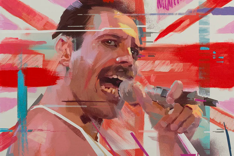 Close-up of the Freddie Mercury painting showing expressive brushwork
