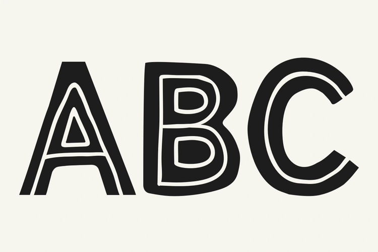 The letters A, B, and C in a bold black outline font, displayed side-by-side on a light cream background.