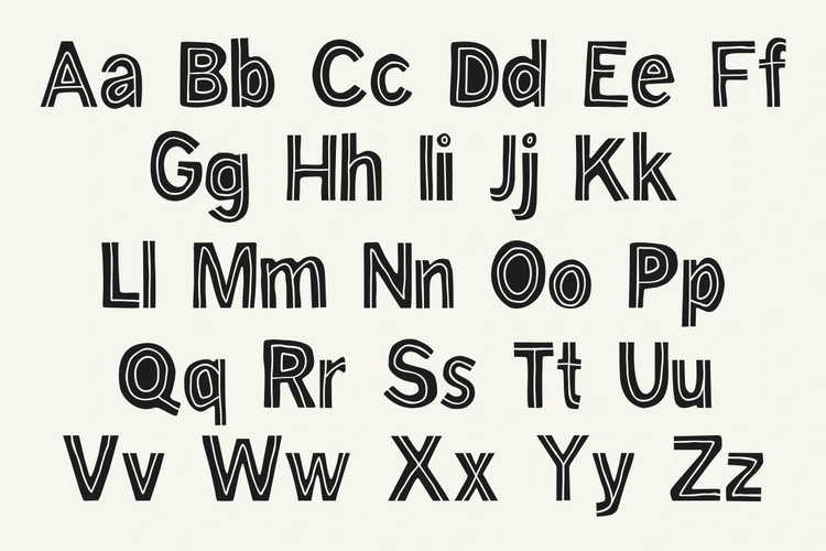 A grid of uppercase and lowercase alphabet letters in a decorative black outline font on a light warm gray background.