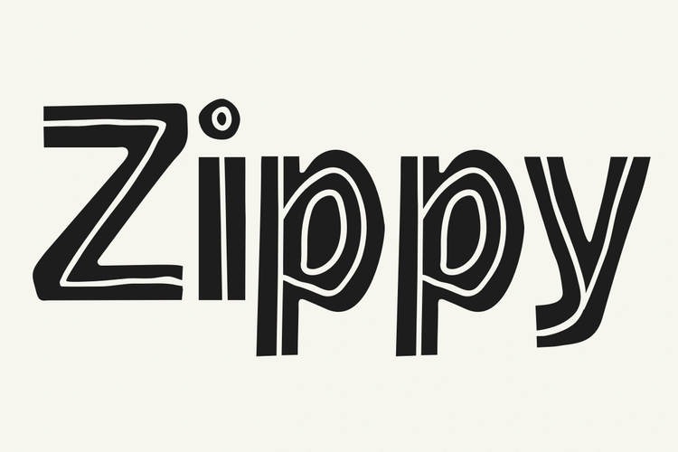 The word 'Zippy' written in a bold, stylized black font called Mr Blue sky, hand-drawn outlines on a light cream background.