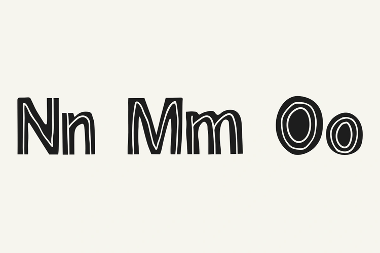 Four stylized lowercase letters in black outlined font on a light warm gray background: n, m, o, and o.
