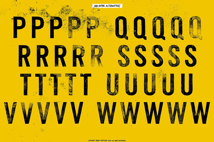 Lino Gothic type design preview featuring five alternatives per uppercase letter