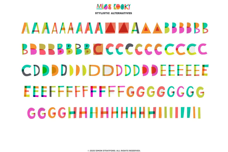 Miss Kooky lettering detail showing bright handmade composition