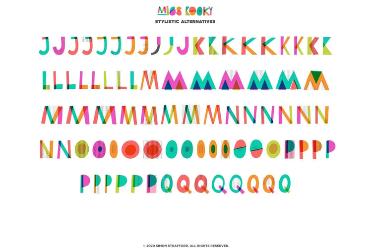 Miss Kooky type specimen featuring colourful cut-paper shapes