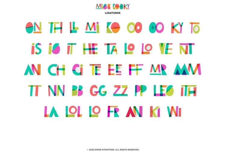 Miss Kooky glyph preview featuring OpenType SVG vector colour