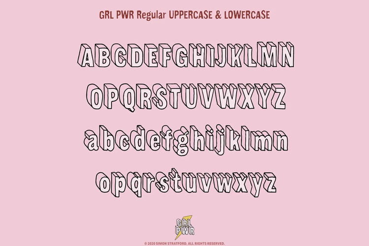 GRL PWR OpenType features highlighting extruded letter shapes in a separate specimen