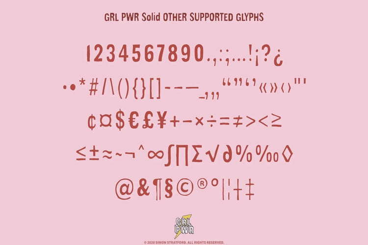 GRL PWR OpenType features highlighting full-colour display character in a separate specimen