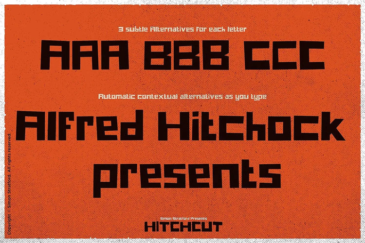 Hitchcut type specimen featuring simple graphic forms