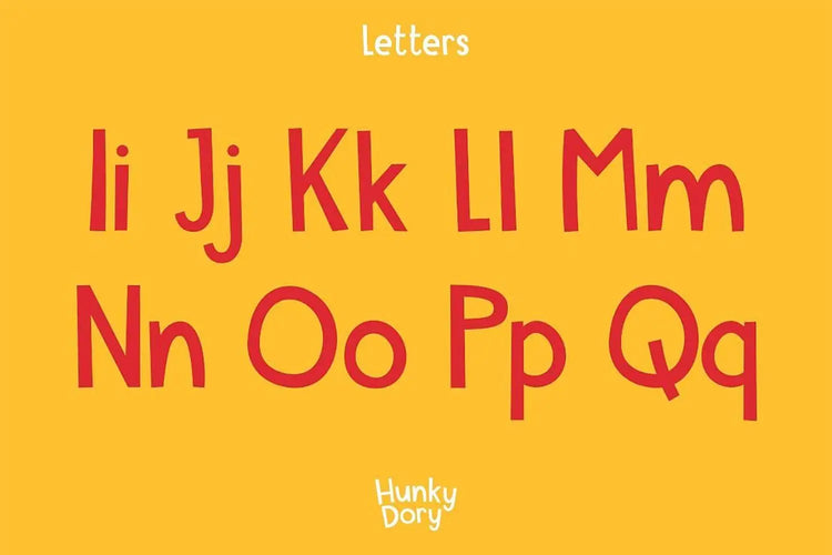 Hunky Dory type specimen featuring quirky sans serif forms
