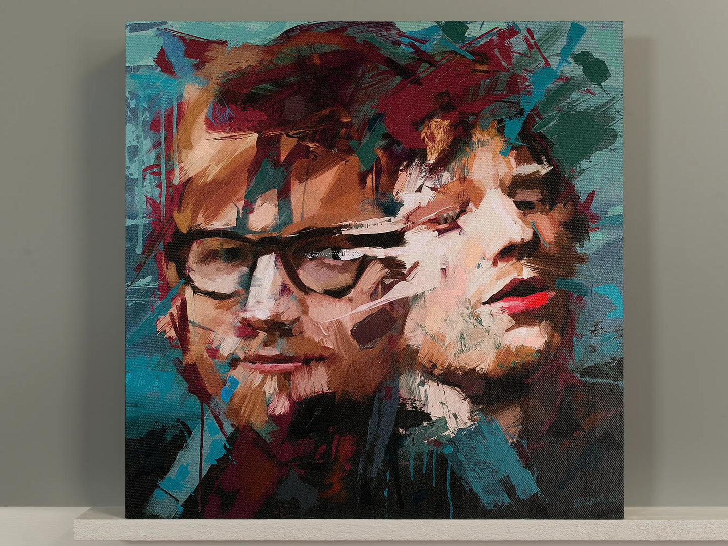 Double-exposure Ed Sheeran painting with expressive layered brushwork