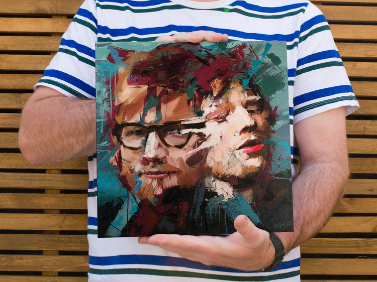 Close-up of the Ed Sheeran painting showing expressive brushwork