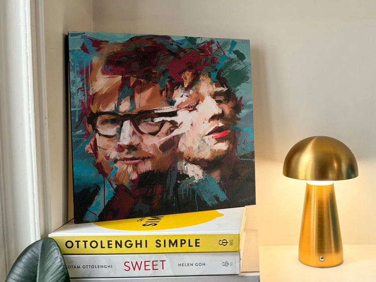 Hand-finished surface texture on the Ed Sheeran mixed-media portrait