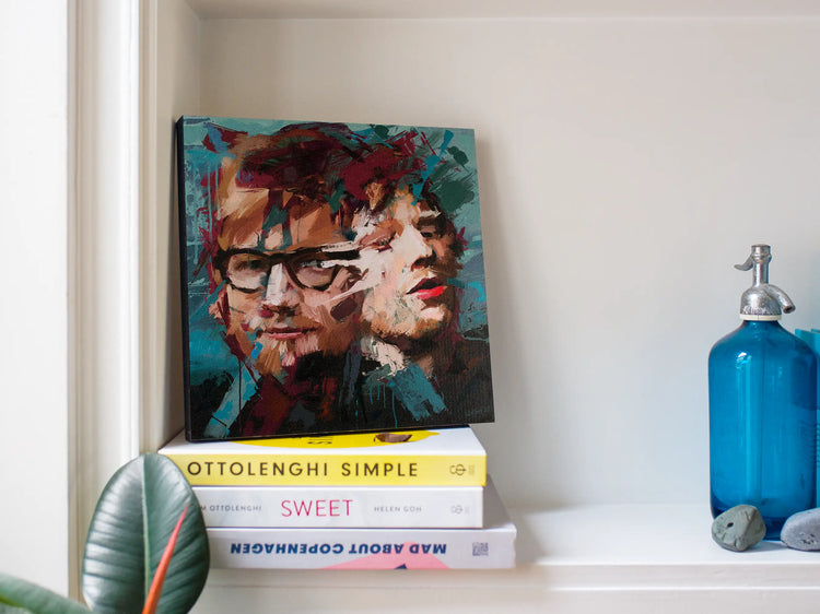 Ed Sheeran portrait artwork with real paint and mixed-media detail
