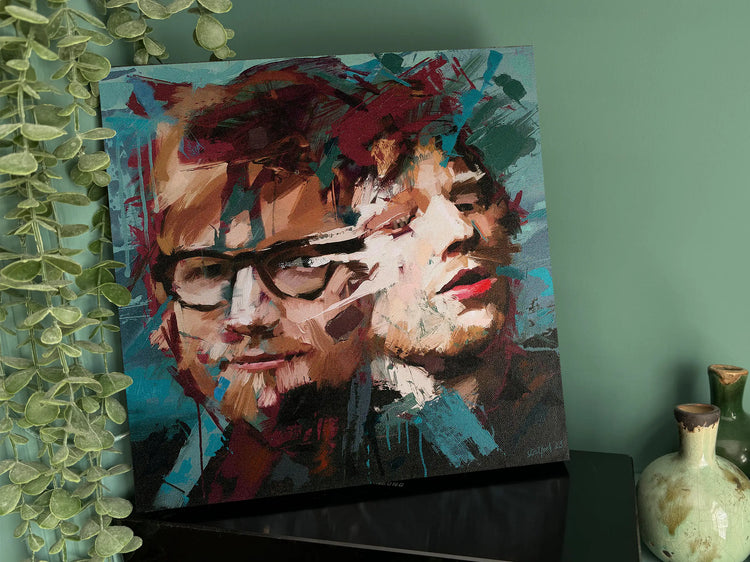 Detail view of the hand-finished Ed Sheeran painting