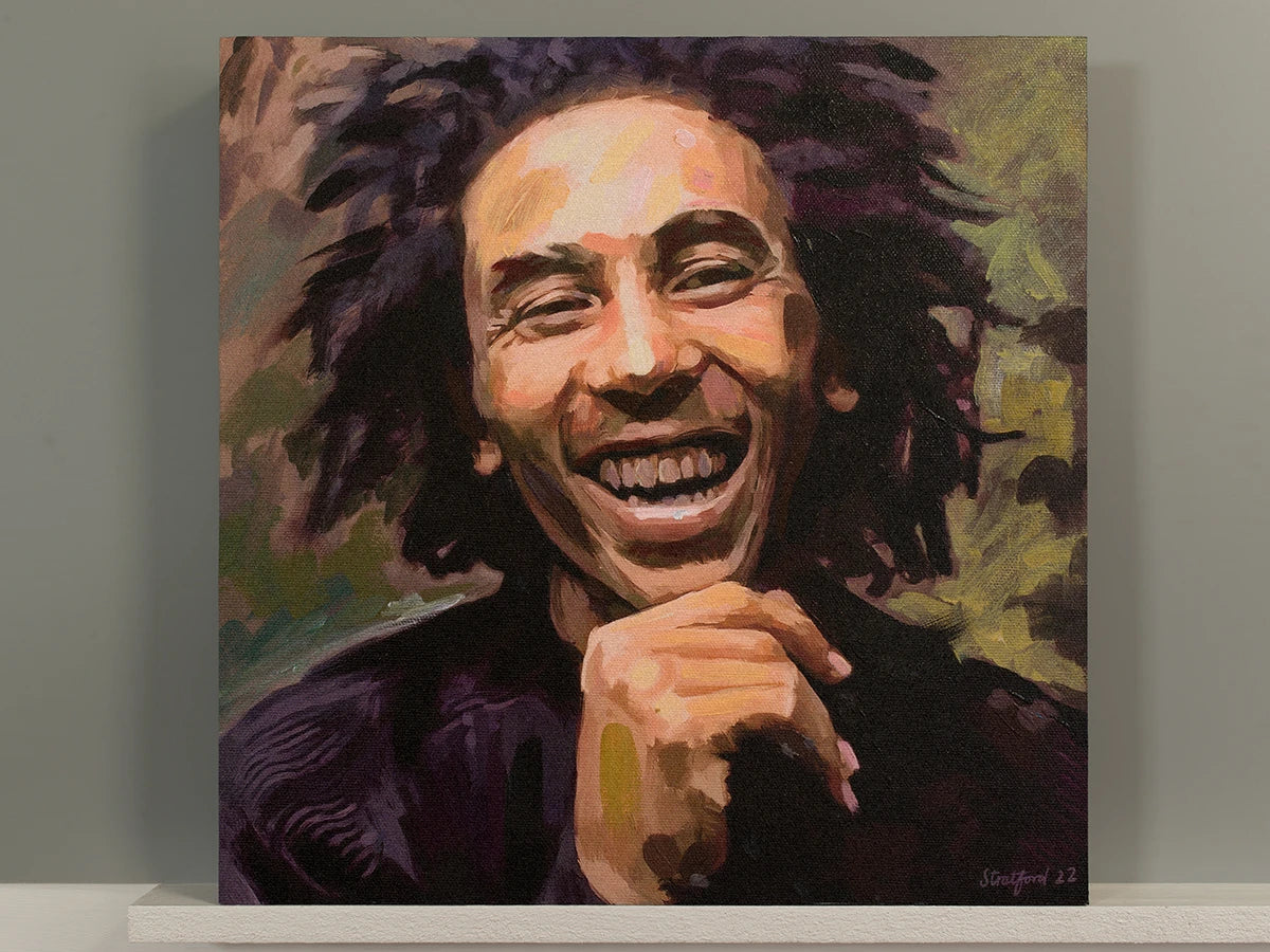 Smiling Bob Marley painting in purple, olive and black tones