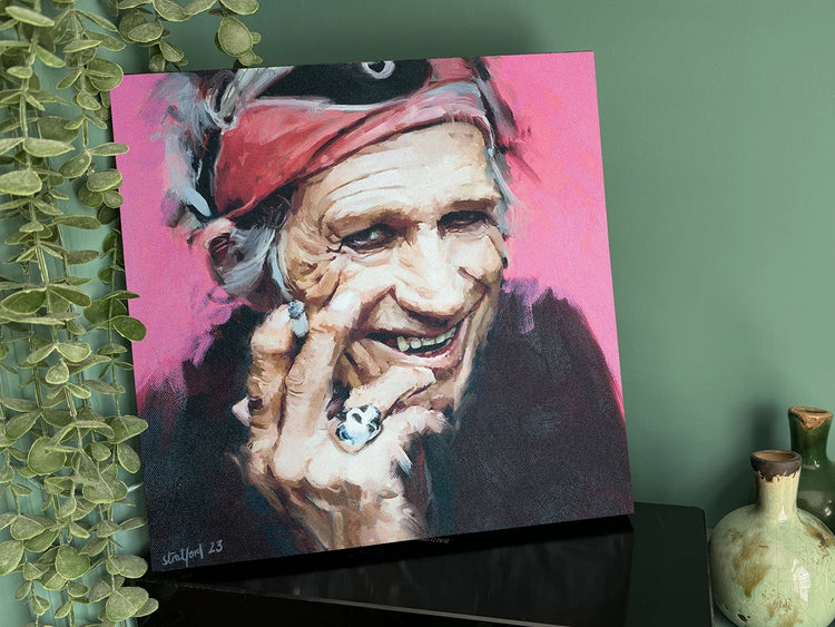 Hand-finished surface texture on the Keith Richards mixed-media portrait