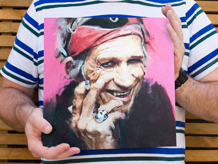 Keith Richards portrait artwork with real paint and mixed-media detail
