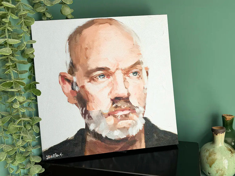 Close-up of the Michael Stipe painting showing expressive brushwork