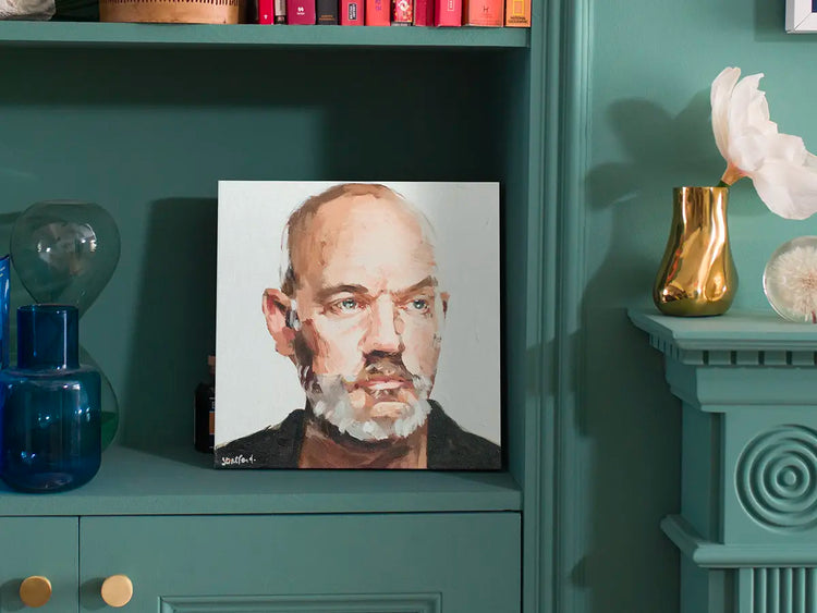 Hand-finished surface texture on the Michael Stipe mixed-media portrait