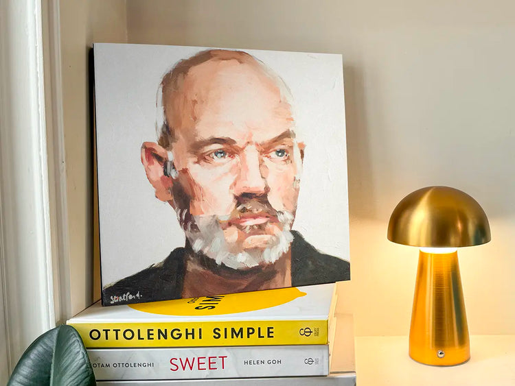 Michael Stipe painting mounted on a 30 × 30 cm wood panel