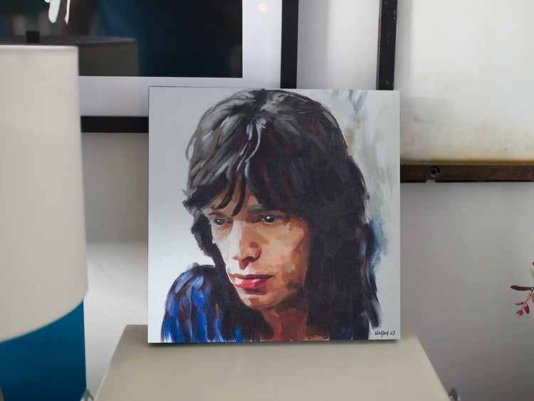 Mick Jagger painting mounted on a 30 × 30 cm wood panel