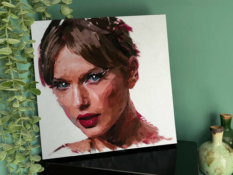 Detail view of the hand-finished Taylor Swift painting