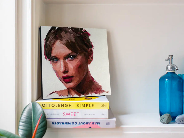 Taylor Swift portrait artwork with real paint and mixed-media detail