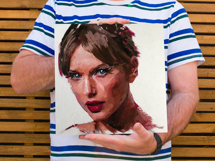 Taylor Swift painting mounted on a 30 × 30 cm wood panel