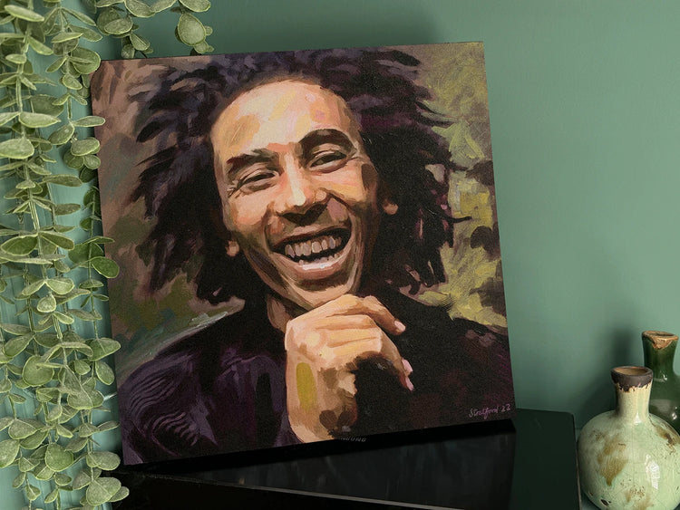 Close-up of the Bob Marley painting showing expressive brushwork