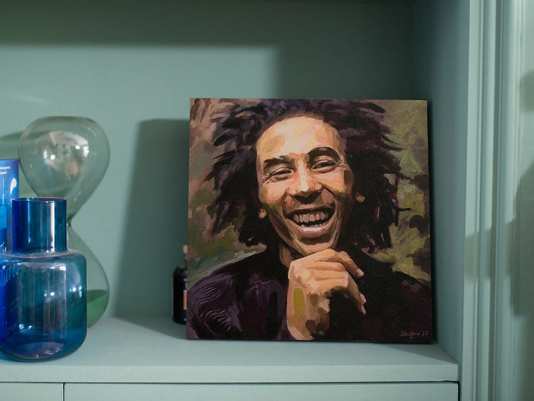 Hand-finished surface texture on the Bob Marley mixed-media portrait