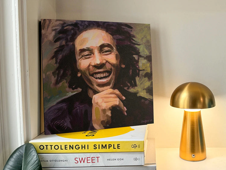 Bob Marley painting mounted on a 30 × 30 cm wood panel