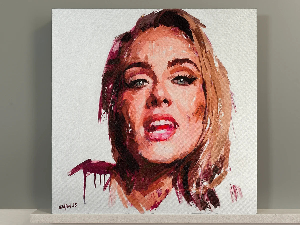 Expressive Adele painting in pink, red, brown and beige tones
