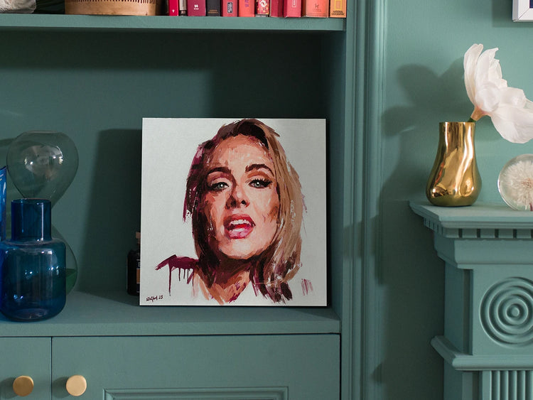 Hand-finished surface texture on the Adele mixed-media portrait