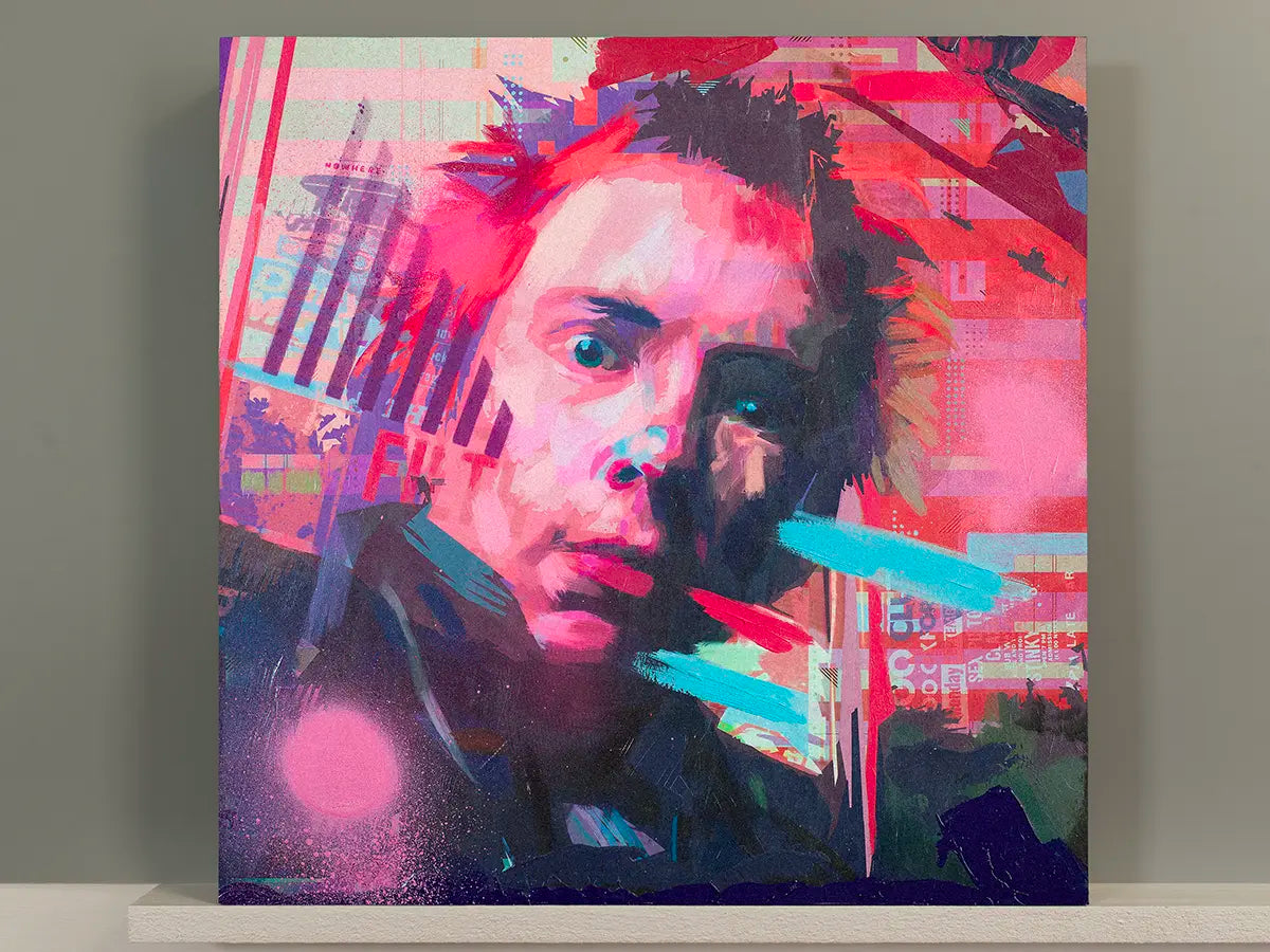 A square canvas art print featuring a vibrant, abstract portrait of Jonny Rotten.