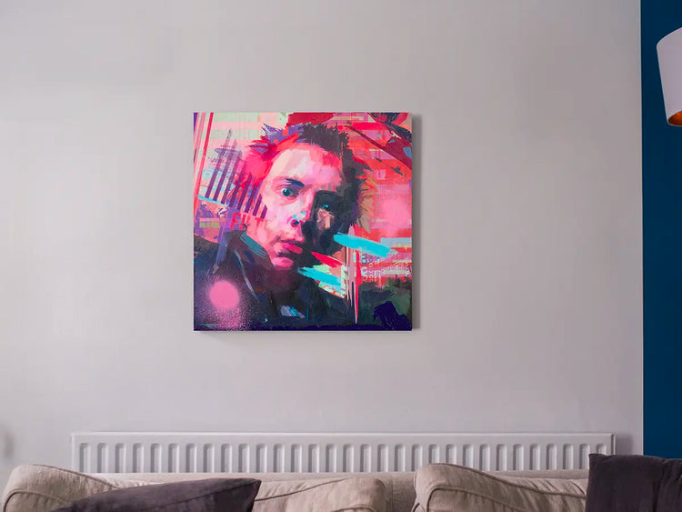 Detail view of the hand-finished Johnny Rotten painting