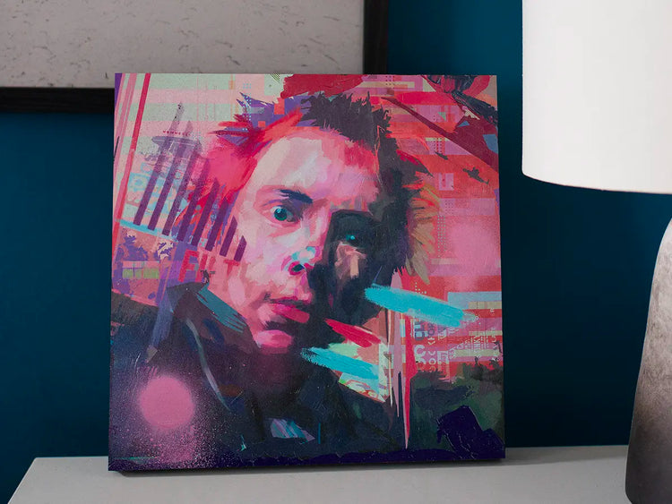 Johnny Rotten portrait artwork with real paint and mixed-media detail