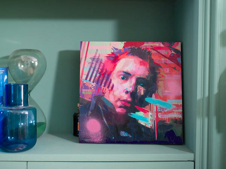 Close-up of the Johnny Rotten painting showing expressive brushwork
