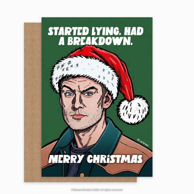 James Acaster Christmas card in a Santa hat: Started lying. Had a breakdown. Merry Christmas. Shown with a brown kraft envelope peeking out to the left on a light grey background.