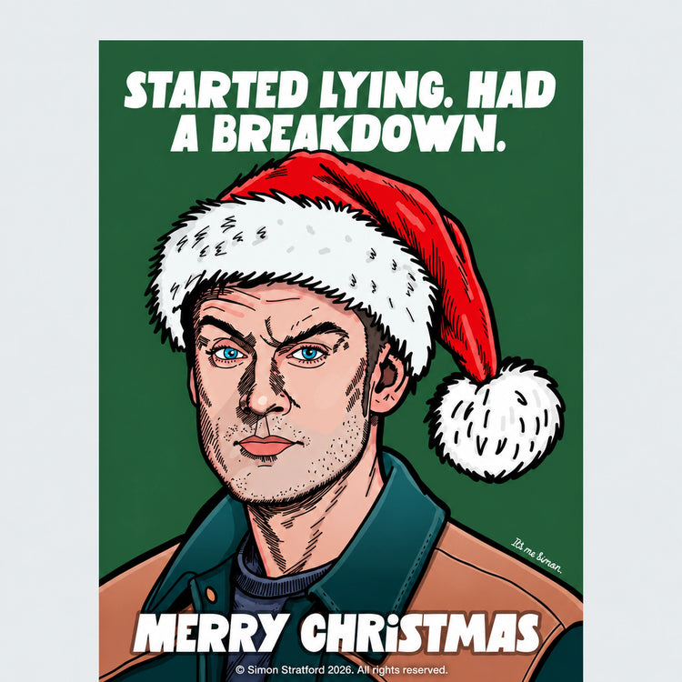 Close-up of James Acaster Celebrity Traitors Season Two Christmas card in a Santa hat: Started lying. Had a breakdown. Merry Christmas.