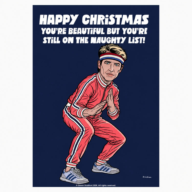 James Blunt Christmas card showing him in a red tracksuit: You’re beautiful but you’re still on the naughty list.