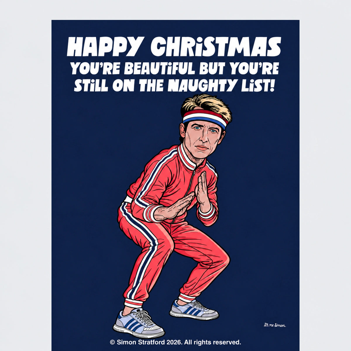 Close-up of James Blunt Celebrity Traitors Season Two Christmas card showing him in a red tracksuit: You’re beautiful but you’re still on the naughty list.