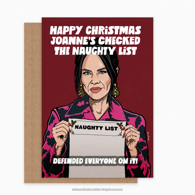 Joanne McNally Christmas card holding a naughty list: Joanne’s checked the naughty list. Defended everyone on it. Shown with a brown kraft envelope peeking out to the left on a light grey background.